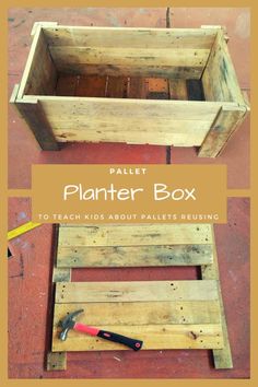 the pallet planter box is made out of wood and has tools in it