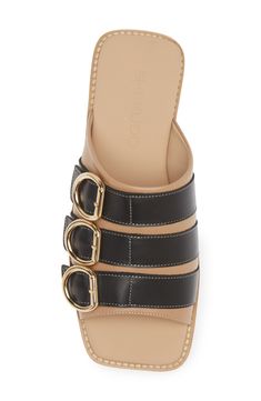 Whether you're polishing up your casual office look or dressing up for brunch, this buckled slide sandal will enhance a variety of looks. Leather upper and lining/rubber sole Made in Portugal Black Owned/Founded Open Toe Slides With Gold Buckle For Spring, Spring Open Toe Slides With Gold Buckle, Spring Slides With Gold Buckle And Open Toe, Summer Leather Slides With Gold Buckle, Designer Mules With Buckle Closure For Spring, Leather Footbed Sandals With Gold Buckle For Spring, Black Slip-on Sandals With Tang Buckle, Designer Leather Sole Sandals For Work, Modern Slide Mules With Buckle Closure