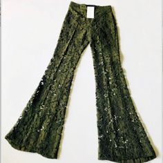 Zara Floral Lace Embellished Flared Hem Trousers Size: Small Color: Green Lace Mid Waist Trousers With Matching Interior Lining Featuring Flared Hems, A Zip Fly And Metal Hook In The Front Style: Boho Coachella Gypsy Free People Hippie 70’s Bell Bottom Wide Leg Lace Pants For Party, Party Wide Leg Lace Pants, Party Lace Wide Leg Pants, Stretch Lace Party Pants, Party Lace Stretch Pants, Full Length Lace Pants For Party, Full-length Lace Party Pants, Full Length Lace Party Pants, Wide Leg Lace Bottoms For Party