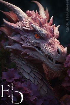 a close up of a dragon head with purple flowers in the foreground and a dark background