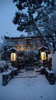 a snow covered path leading to a lit up gazebo