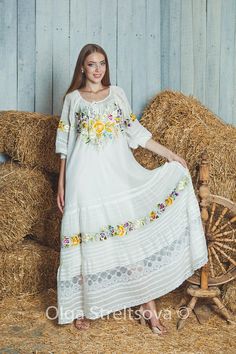 Womens embroidered dress with floral hand embroidery. The main pattern are poppies and wildflowers. Excellent cut - the modern Ukrainian embroidered dress. Authors satin stitch (hand embroidery). Completely hand-author work. I do hand embroidery for any variations. Embroidered White Dress Beach, Simple Wedding Dress Lace, Embroidered Summer Dress, Floral Hand Embroidery, Ukrainian Style, Bohemian Dresses Long, Light Summer Dresses, Holiday Dresses Women, Embroidered Dress Boho