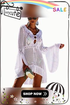 White V Neck Crochet Bell Sleeve Beach Dress V-neck Crochet Dress For Beach, V-neck Crochet Dress For The Beach, Beachy V-neck Crochet Dress For Beach Season, V-neck Crochet Dress For Beach Vacation, V-neck Crochet Dress For Beach Cover-up, Summer V-neck Crochet Beachwear Dress, Summer Crochet Dress With V-neck, Crochet V-neck Dress For Beach Season, Summer Crochet Hollow Out Dress