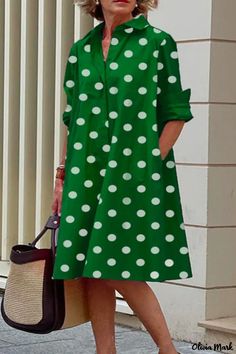 Olivia Mark - Green Polka Dot Patchwork Shirt Dress for Women: Stylish Turn-Down Collar and Convenient Buckle Closure Shirt Collar Pattern, Doctor Dress, Silhouette Shirt, Dress Sleeve Length, Collared Shirt Dress, Party Dress Long Sleeve, Casual Long Sleeve Shirts, Cotton Blends Dress, Long Sleeve Print Dress