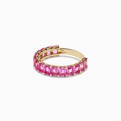 Effy 14k Yellow Gold Pink Sapphire Band Ring Luxury 14k Pink Gold Ring, Pink Gold Sapphire Ring With Prong Setting, Luxury 14k Gold Stackable Ruby Ring, Luxury Stackable 14k Gold Ruby Ring, Classic Pink Sapphire Rings In Yellow Gold, Classic Yellow Gold Rings With Pink Sapphire, Fine Jewelry Yellow Gold Diamond Ring With Pink Sapphire, Fine Jewelry Yellow Gold Pink Sapphire Diamond Ring, 14k Pink Gold Rings Fine Jewelry