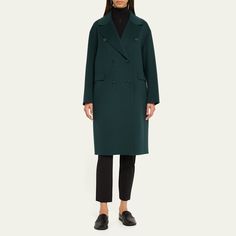 Max Mara "Oliver" double-face coat Notch lapels; double-breasted Long sleeves Hip flap pockets Straight fit Virgin wool/virgin wool Imported Double-breasted Wool Coat With Notch Lapel, Wool Coat With Double-breasted Button And Notch Lapel, Workwear Double-breasted Wool Coat With Double Button, Tailored Green Outerwear With Double Button Closure, Double-breasted Wool Coat With Double Button Closure For Work, Formal Solid Double-breasted Wool Coat, Structured Double Button Pea Coat For Work, Winter Office Pea Coat With Concealed Placket, Modern Green Outerwear For Work