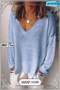 Woman Casual V Neck Cotton-blend Long Sleeve Tunic T-shirt Plain V-neck Top For Fall, Casual Long Sleeve Solid Color T-shirt, Casual Solid Color V-neck T-shirt, Casual V-neck Plain Top, Plain Cotton V-neck Top, Casual Solid Color T-shirt For Fall, Blue V-neck T-shirt For Fall, Oversized V-neck Top In Solid Color, Oversized Solid V-neck Top