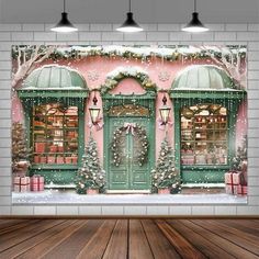 a green door with christmas decorations on it in front of a brick wall and wooden floor