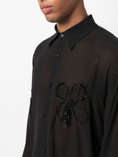 bead-embellished silk shirt from GCDS featuring black, silk, semi-sheer construction, bead embellishment, floral motif, classic collar, front button fastening, long sleeves, buttoned cuffs and rear curved hem. This item is in size L and the color is Black Embroidery Shirt Men, Beaded Shirt, Blouse Man, Bead Embellishment, Coord Set, Latest Fashion Design, Shirt Embroidery, Work Shirts, T-shirt Polos