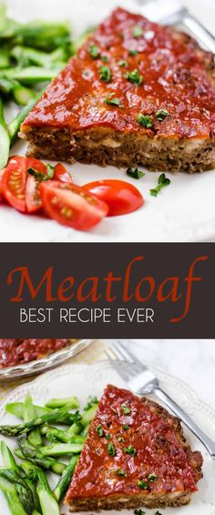 meatloaf on a plate with asparagus and tomatoes