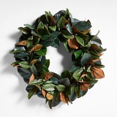 a wreath made out of green leaves on a white wall