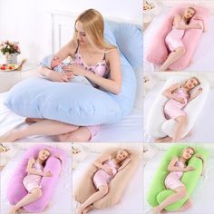 the pregnant woman is laying on her stomach and sleeping in an inflatable pillow