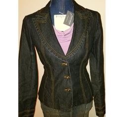 Internal Tracking Lot #135a, Nwt Bisou Bisou Premium Denim Buttoned Blazer Jacket, Size 2. Retail: Jacket $64. Not Lined. All Measurements Are Approximate, Laying Flat, From Side To Side, Except For Length, In Inches: Jacket, Not Lined: Long: 22.25" Bust 17" Waist 14" Hips 16" Sleeve Length 24" #Jean #Vintage #Denim #Jean Detail #Selvedge Denim Jeans #Denim Trucker Jackets #Selvedge Denim #Hot Fall Trend #Texture #Restyled #Reused #Recycle #Repurpose #Sustainable #Eco-Friendly #Denim On Denim Tr Fitted Long Sleeve Dark Wash Denim Jacket, Fitted Denim Blue Blazer With Buttons, Fitted Denim Blue Blazer With Button Closure, Trendy Fitted Single-breasted Denim Jacket, Fitted Medium Wash Single Breasted Blazer, Fitted Single Breasted Blue Denim Jacket, Fitted Blue Single Breasted Denim Jacket, Fitted Single Breasted Medium Wash Blazer, Fitted Single-breasted Medium Wash Blazer