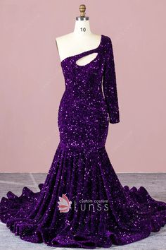 sparkly purple sequin one sleeve mermaid prom dress Shimmer Gowns, Sequin Mermaid Prom Dress, Custom Made Prom Dress, Glittery Dress, Prom Inspo, Purple Prom, Dress Train, Jewel Dress, Mermaid Prom Dress