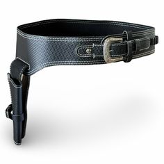 a black belt with metal buckles on the bottom and one side that is open