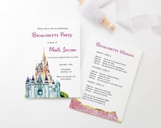 two wedding cards with an image of a castle on them