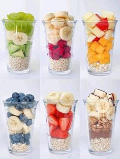 six cups filled with different types of fruits and cereals in each cup are shown