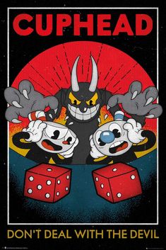 an advertisement for cuphead, with three cartoon characters and dices in front of them