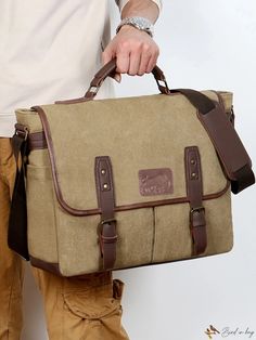 Bird in Bag - Vintage Canvas Laptop Bag with Large Capacity Large Capacity Khaki Satchel For School, School Satchel In Khaki With Large Capacity, Casual Brown Rectangular Laptop Bag, Khaki Satchel With Large Capacity, Large Capacity Khaki Shoulder Satchel, Casual Brown Laptop Bag With Large Capacity, Khaki Large Capacity Shoulder Satchel, Casual Brown Tote Laptop Bag, Casual Beige Canvas Satchel