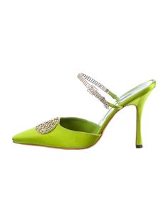 Manolo Blahnik Satin Crystal Mules Green Pointed Toe Mules For Party, Elegant Green Mules With Pointed Toe, Lime Moodboard, Elegant Green Open Toe Mules, Luxury Green Summer Mules, Luxury Green Elegant Mules, Green Satin, Saint Laurent Bag, Louboutin Shoes