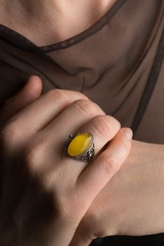 Perfect gift for any occassion! Suprise your loved ones with this vintage handmade gemstone ring! Very aesthetic and elegant style! All our items have been handmade with love and care more than 35 years ago by our family member - uncle Alfreds Holsts using the amber from the coast of the Baltic Sea, which is the best-known and called succinite amber for containing a substantial amount of succinic acid. As the amber is as nature has made it - unique, it might have inclusions, natural cracks, blem Elegant Yellow Cabochon Rings, Victorian Style Ring As Gift, Victorian Style Ring Jewelry Gift, Vintage Gemstone Jewelry For Gift, Yellow Oval Crystal Ring Gift, Elegant Citrine Rings With Natural Stones, Handmade Citrine Jewelry For Weddings, Handmade Elegant Rings As Gifts, Bohemian Open Ring Jewelry Gift