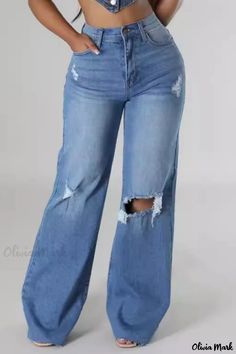 Olivia Mark - Premium High-Waisted Distressed Denim Jeans for a Casual Chic Look High Waist Ripped Jeans In Medium Wash, Ripped High Waist Medium Wash Pants, High Waist Ripped Cotton Flare Jeans, High Waist Ripped Light Wash Flare Jeans, Casual Ripped Flare Jeans, Casual Ripped Non-stretch Flare Jeans, Casual Non-stretch Ripped Flare Jeans, Non-stretch Distressed High Waist Jeans, Non-stretch High Waist Distressed Jeans