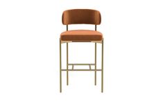 an orange upholstered stool with a metal frame and backrest, viewed from the front