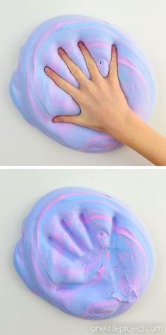 two pictures of the same hand on top of a blue and pink swirled doughnut