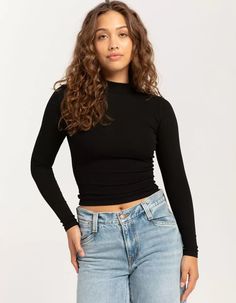 TILLYS Mock Neck Womens Long Sleeve Tee - BLACK | Tillys Casual High Neck Tops For Fall, Fitted Turtleneck Top For Fall, Trendy Fitted High Neck Top, Casual High Neck Top For Layering, Casual Fitted High Neck Top, Trendy Stretch Turtleneck Tops, High Neck Fitted Top For Layering, Trendy Fitted Turtleneck Top, Trendy High Neck Tops For Layering