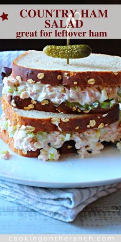 a white plate topped with a sandwich covered in toppings