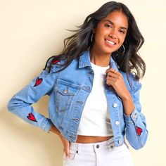 Wear Your Heart On Your Sleeve-Literally! A New Take On A Classic, This Cropped- Short Jean Jacket With Flirty Hearts On Both Sleeves Really Spreads The Love. The Familiar Look You Love With Chest Pockets, Front Buttons, And Exposed Seams Gets More Fun With The Print On This Statement Layer. Cropped Button Front Closures Front Chest Pockets Printed Hearts On Sleeves 20" Approx. Length; Varie By Size Fabric Has Stretch Cotton/Poly/Spandex Casual Long Sleeve Heart Print Outerwear, Fall Long Sleeve Heart Print Outerwear, Casual Spring Outerwear With Heart Print, Casual Heart Print Outerwear For Spring, Trendy Winter Outerwear With Heart Print, Paint Denim Jacket, Short Jean Jacket, Paint Denim, Spring Denim Jacket