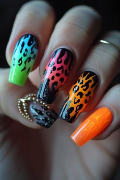 Black leopard print flames with bright neon tips in various colors. Orange Cheetah Nails, Neon Leopard Nails, Coral Nails With Design, Glitter French Manicure, Cheetah Nails, Leopard Print Nails, Sassy Nails, Y2k Nails, Leopard Nails