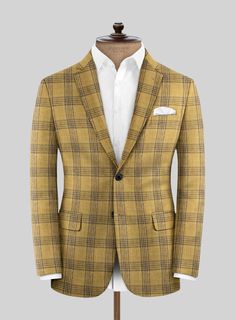 Bask in the regal splendor of our Noble Mateo Ochre Wool Silk Linen Jacket — a true luxury at its finest. Meticulously crafted from a premium blend of wool, silk, and linen, ensuring both comfort and durability. The rich ochre color is tastefully accentuated with subtle hints of brown hue within its sophisticated plaid pattern, offers a unique and distinguished look making it perfect for any occasion, whether it's a high-stakes business meeting, a lavish social event, or a formal gathering, this Brown Tweed Suit, Ochre Color, White Linen Suit, Herringbone Jacket, Tweed Pants, White Linen Shirt, Gents Fashion, Social Event, Green Suit