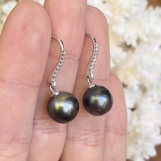 14KT White Gold Black Tahitian Pearl + Pave Diamond Dangle Earrings - Legacy Saint Jewelry Saint Jewelry, Pave Diamond Earrings, Earrings Classic, Tahitian Black Pearls, Diamond Dangle Earrings, Conversion Chart, Tahitian Pearls, Gold Polish, Style Earrings