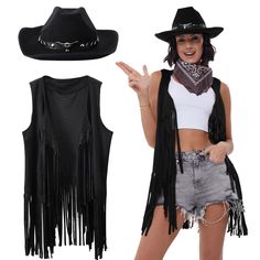 PRICES MAY VARY. 【3Pcs Western Cowgirl Accessories】This cowgirl costume set includes 1 black fringe cardigan, 1 black cowgirl hat, and 1 scarf. Bring an extra touch of the old west to your wardrobe. 【Stylish Fringe Vest & Classic Cowgirl Hats 】The cowgirl vest features a long fringe design and the black cowboy hat features a classic cowboy crease style crown and a high-quality leather hatband, crafted with attention to detail. Effortlessly achieving Western cowboy style, a 70s hippie vibe, and a Black Cowboy Hat Outfit Woman, Alternative Western Fashion, Cow Girl Outfits Ideas, Wild West Outfit Women, Cowboy Costume Women's, Western Gothic Fashion, Cowgirl Outfits Black Women, Western Outfit For Women, Fringed Vest Outfit