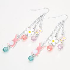 Perfectly pastel and ready for Easter, these spring fresh drop earrings will quickly become one of your favorites. Delicate silver-tone chains are decorated with bunnies, daisies, and butterflies along with translucent pastel beads. Finish: Silver-tone Drop: 2" Closure: Post back Material: Metal - Claire's Silver Pastel Bunny Beaded 2" Drop Earrings Easter Bunny Earrings, Easter Jewelry, Pastel Beads, Bunny Earrings, Earring Trends, Jewelry Accessories Ideas, Fashionable Jewelry, Earring Holder, Beaded Drop Earrings