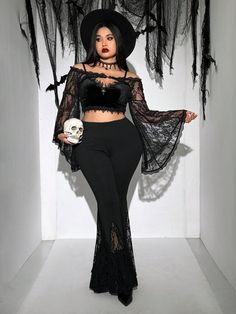 Plus Size Women's Solid Color Contrast Lace Sexy Loose Cuffed Blouse Black Party  Long Sleeve Lace Plain  Slight Stretch  Women Plus Clothing, size features are:Bust: ,Length: ,Sleeve Length: Plus Size Witch Photoshoot, Goth Thrifting, Plus Size Skeleton Costume, Plus Size Vampire Costume, Plus Size Gothic Fashion, Plus Size Goth Fashion, Witches Costumes For Women, Goth Plus Size, Horror Clothes