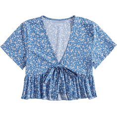 Short Sleeve Deep V Crop Top Blouse Floral Blue Size Xs Never Worn Light Blue Floral Print V-neck Top, Crop Top Style, Front Crop Top, Crop Top Blouse, Floral Blouse, Sewing Ideas, Deep V Neck, Deep V, Neck Tie