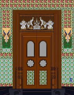 an ornate wooden door in front of a wall with flowers and birds on the top