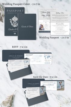 the wedding passport and boarding cards are displayed on a marble surface with text that reads, save the date