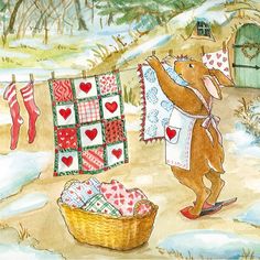 a watercolor painting of a rabbit drying clothes in the snow with a basket full of hearts