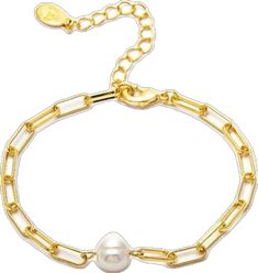 Gold Pearl Bracelet With Chain As Gift, Gold Paperclip Bracelet With Pearl Chain As A Gift, Gift White Chain Bracelet With Solid Link Construction, Gold Pearl Chain Bracelet As A Gift, White Chain Bracelet With Solid Links As Gift, Elegant Gold-plated Paperclip Chain Bracelet, 14k Gold-filled Tarnish Resistant Paperclip Bracelet, Classic Gold-tone Paperclip Bracelet With Lobster Clasp, Gold-tone Oval Link Paperclip Bracelet With Lobster Clasp