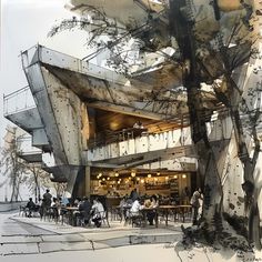 an artistic drawing of people sitting at tables in front of a building that has been designed to look like a tree