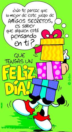 an image of a cartoon character holding a box with the words feliz dia on it