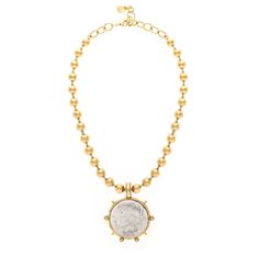 This Beaded Andrea Coin Necklace features a 22K gold plated brass design and is expertly handcrafted in New York City. Silver Coin Necklace, Gold Coin Necklace, Buckle Bracelet, Hobo Style, Jumpsuit Shorts Rompers, Coin Necklace, 22k Gold, Earring Necklace, Belt Buckles