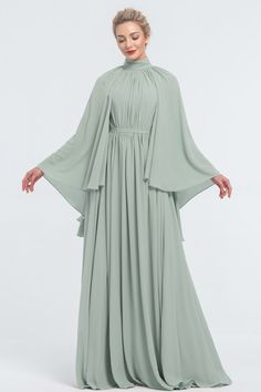 Modest Plus Size Dusty Sage Green Bridesmaid Dresses Long Sleeves Loose Modest Dress, Long Sleeve Sage Dress, Sage Green Bridesmaid Dresses Long Sleeve, Sage Green Dress Bridesmaid, Evening Chiffon Long Sleeve Dress, Solid Color Long Sleeve Chiffon Evening Dress, Green Chiffon Long Sleeve Maxi Dress, Green Long Sleeve Bridesmaid Maxi Dress, Spring Bridesmaid Chiffon Dress With Long Sleeves