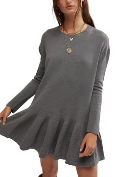 A flounce hem adds festive flair to a long-sleeve sweater-dress knit with a ribbed bodice and cozy dropped shoulders. Slips on over head Crewneck Long sleeves 53% viscose, 37% cotton, 9% polyamide, 1% elastane Hand wash, dry flat Imported Free People Sweater Dress, Rib Sweater, Pants Shirt Men, Ribbed Sweater Dress, Grey Sweater Dress, Long Sleeve Sweater Dress, Mini Sweater Dress, My Side, Free People Sweater