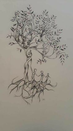 a drawing of a tree with two people sitting on it's branches and birds flying around