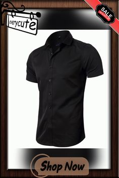 Men's Solid Color Short Sleeve Business Slim Fit Shirt Short Sleeve Business Shirt For Summer, Short Sleeve Business Shirt With Button Closure, Business Shirt With Short Sleeve And Button Closure, Business Fitted Short Sleeve Shirt, Fitted Short Sleeve Business Shirt, Business Cotton Tops With Short Sleeves, Business Short Sleeve Dress Shirt, Casual Short Sleeve Dress Shirt For Office, Black Fitted Short Sleeve Dress Shirt