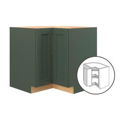 Galway brings a new look to a Shaker-style door in a cool, dark green. This charming cabinet adds character and color to any home for a nature-inspired, serene feel. allen + roth Galway 36-in W x 34.5-in H x 24-in D Sage Lazy Susan Corner Base Fully Assembled Cabinet (Flat Panel Shaker Style) in Green | 24468GW Lazy Susan Corner Cabinet, Lazy Susan Designs, Corner Base Cabinet, Semi Custom Cabinets, Shaker Door Styles, Online Kitchen Cabinets, Furniture Board, Shaker Style Doors, Allen Roth